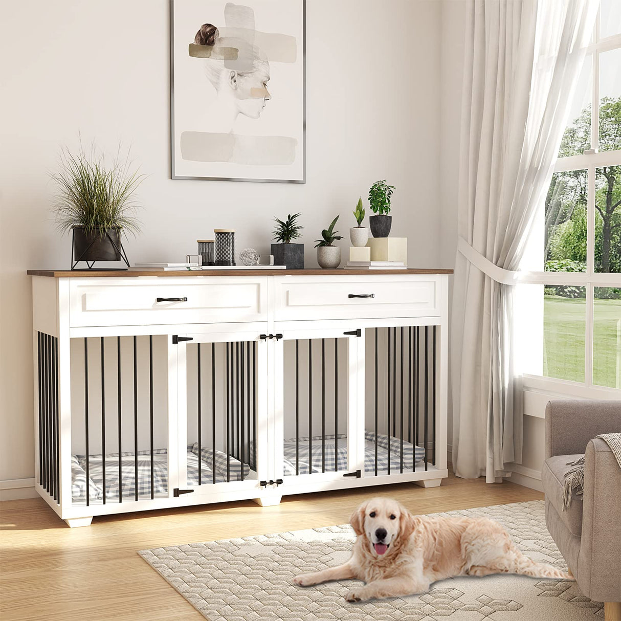 BTLCKVIN Large White Dog Crate with Removable Irons, XXL Size, Indestructible, Two Rooms Design, 72.4" x 22.4" x 34.1" BTLCKVIN