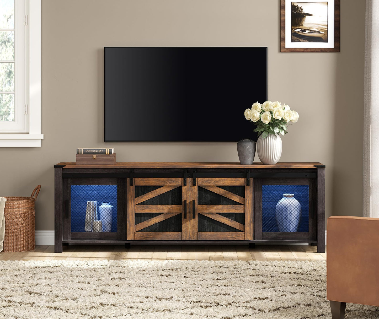 WAMPAT Farmhouse TV Stand for TVs up to 75 Inch with Blue LED Light,Long Entertainment Center with Sliding Barn door for Living Room,Rustic Black&Brown