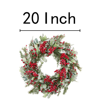 Skrantun 20 Inch Artificial Christmas Wreath Door Wreath with Lambs Ear Leaves Winter Wreath with Artificial Snow and Red Berries Christmas Decorations with Pine Needles for Home Wall Window Decor