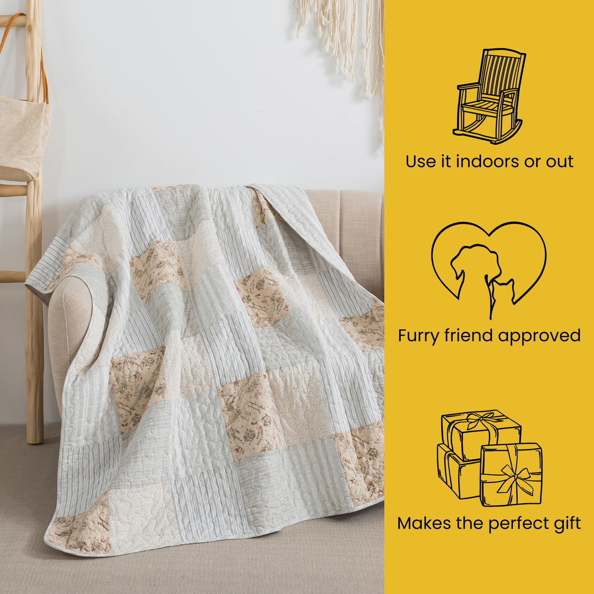 SLPR Cotton Quilted Throw Blanket, 50" x 60" Floral Farmhouse Patchwork Quilt, Shabby Chic Patchwork Throw Lap Quilt for Couch, Country Lane SLPR