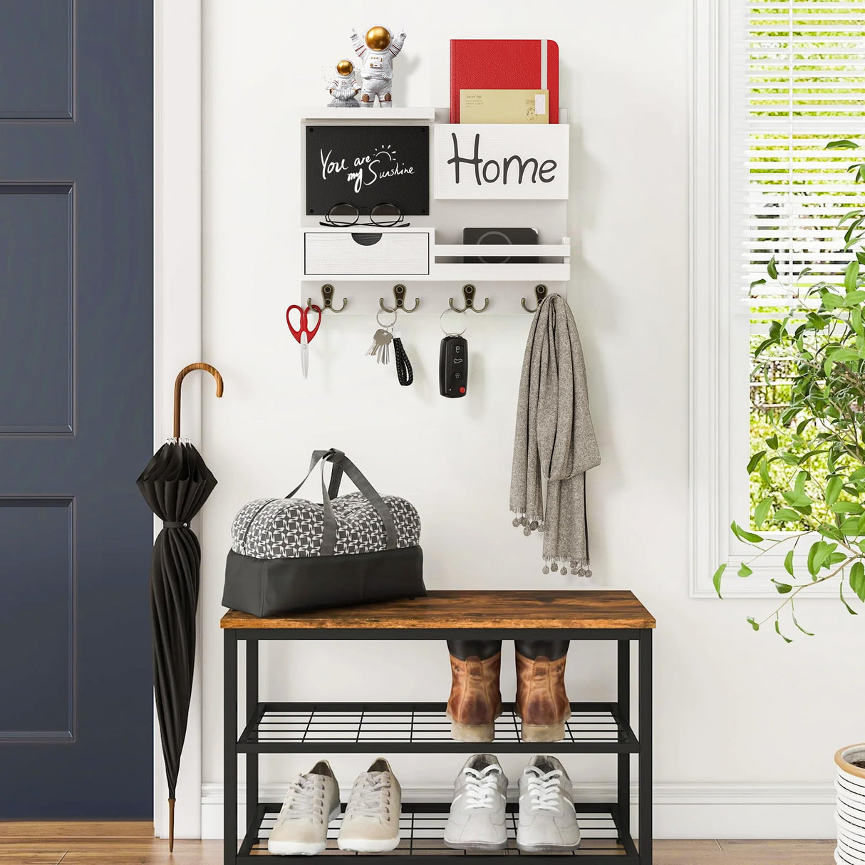 Farmhouse Key Holder for Wall with Mail Organizer - Easy Installation Wall Mount Organizer, Includes Chalkboard, Drawer, Wallet Holder & 4 Double Hooks, Ideal for Entryway, Quick Access - White Dvobez