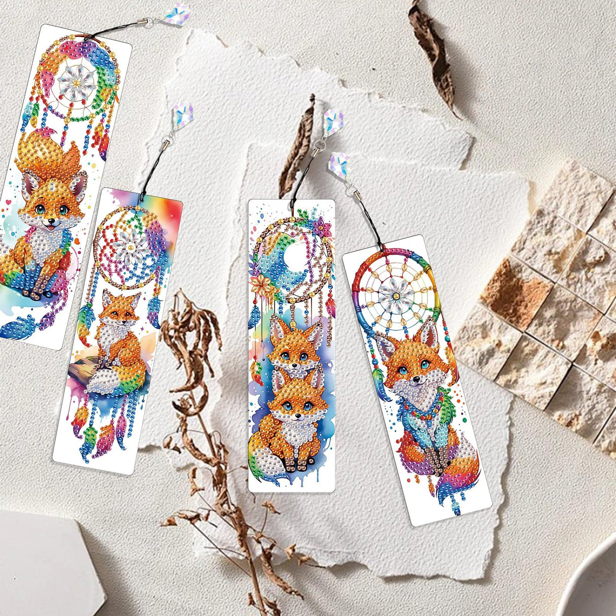 TDFERAN 4PCS Diamond Bookmarks Dreamcatcher Fox Diamond Painting Kits with Tassels Pendants DIY Rhinestones Paint Bookmark for Writers Readers Funny Bookmarks Colored Gem Animal Bookmark TDFERAN