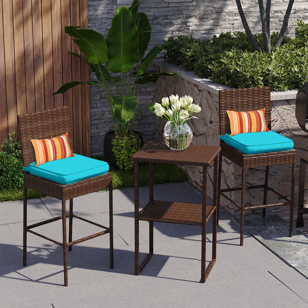 Sundale Outdoor Wicker Bar Stool Set of 4, 30 Inch Seat Height Patio Counter Height Stool with Back Rest, Rattan Woven Tall Chair with Pillow & Blue Cushion, High Bar Stool - Steel, Brown Sundale Outdoor