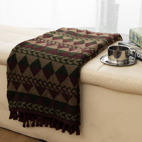 Gealaek Boho Throw Blanket Lightweight Soft Cozy Decorative Blankets for Sofa Bed Farmhouse Throw Blanket Aztec Blanket with Tassel Khaki Olive Wine Checkered 50" x 60" Gealaek