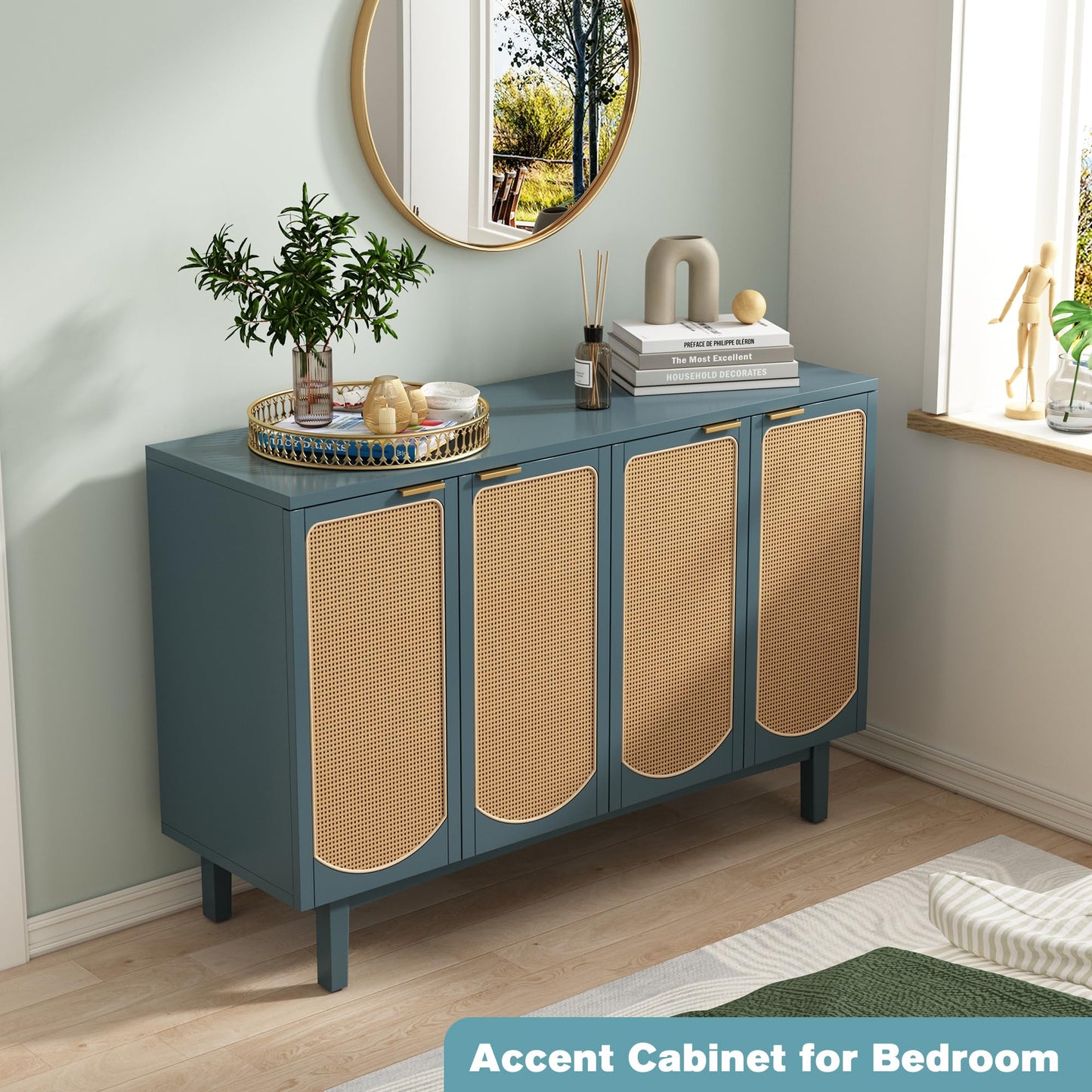 ARTPOWER Sideboard Buffet Cabinet with 4 Rattan Doors, Accent Storage Cabinet with Shelves, Free Standing TV Console Table, Modern Teal Cabinet for Kitchen, Dining Room, Living Room, Bedroom, Hallway