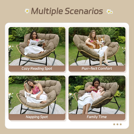 BULEXYARD Oversized Papasan Rocking Chair Indoor Outdoor 450lbs, Brown Wicker Royal Rocking Egg Chair with Brown Thick Cushion, Cozy Recliner Lounge Rocker for Balcony, Porch BULEXYARD