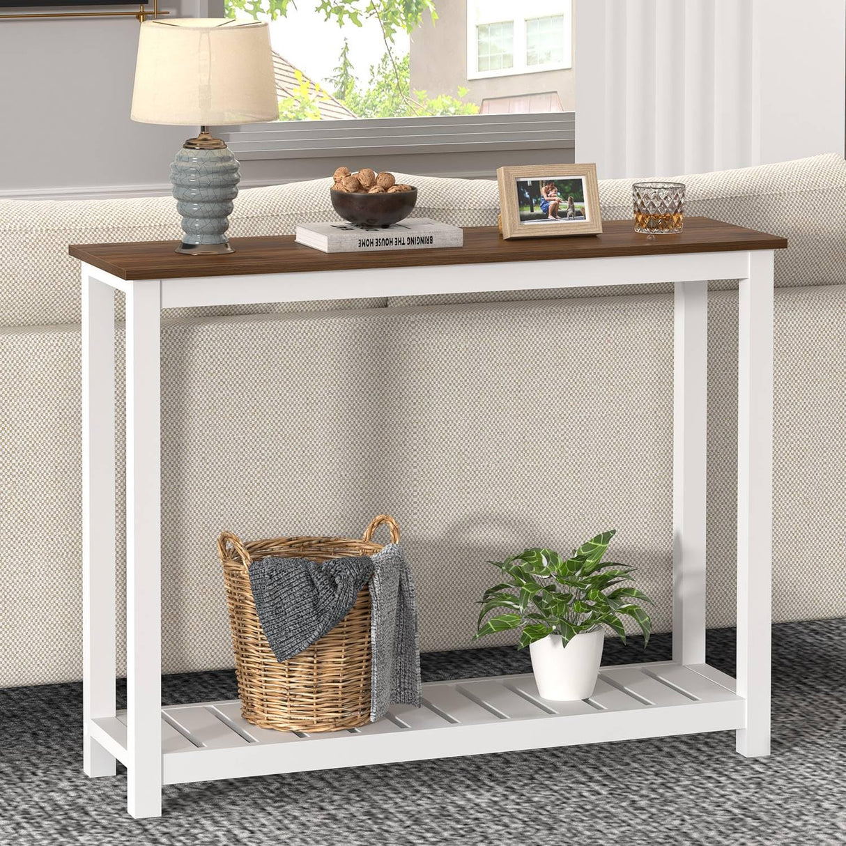 FOLUBAN Farmhouse Console Table for Entryway, Rustic Narrow Sofa Table for Living Room, Hallway, Entrance, 40 Inch, Vintage White & Walnut FOLUBAN