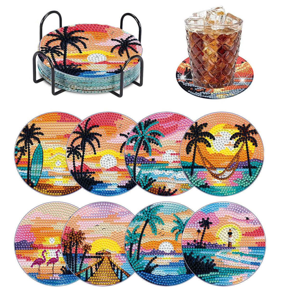 8 PCS Beach Moon Diamond Art Coasters Kits, Diamond Painting Coasters with Holder Set of 8, DIY Drink Coasters Art Crafts Supplies for Adults Cup Mat for Home Decor House Warming Gifts 3.9inch Yanfairy