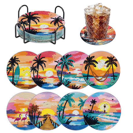 8 PCS Beach Moon Diamond Art Coasters Kits, Diamond Painting Coasters with Holder Set of 8, DIY Drink Coasters Art Crafts Supplies for Adults Cup Mat for Home Decor House Warming Gifts 3.9inch Yanfairy