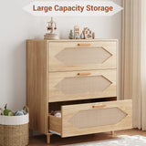 EliteEdge 31.5" Wide 3-Drawer Dresser with Rattan Fronts, Modern Wood Oak Chest of Drawers for Bedroom Closet Storage, Natural Wood Organizer for Kids Room, Hallway and Living Room Decor EliteEdge
