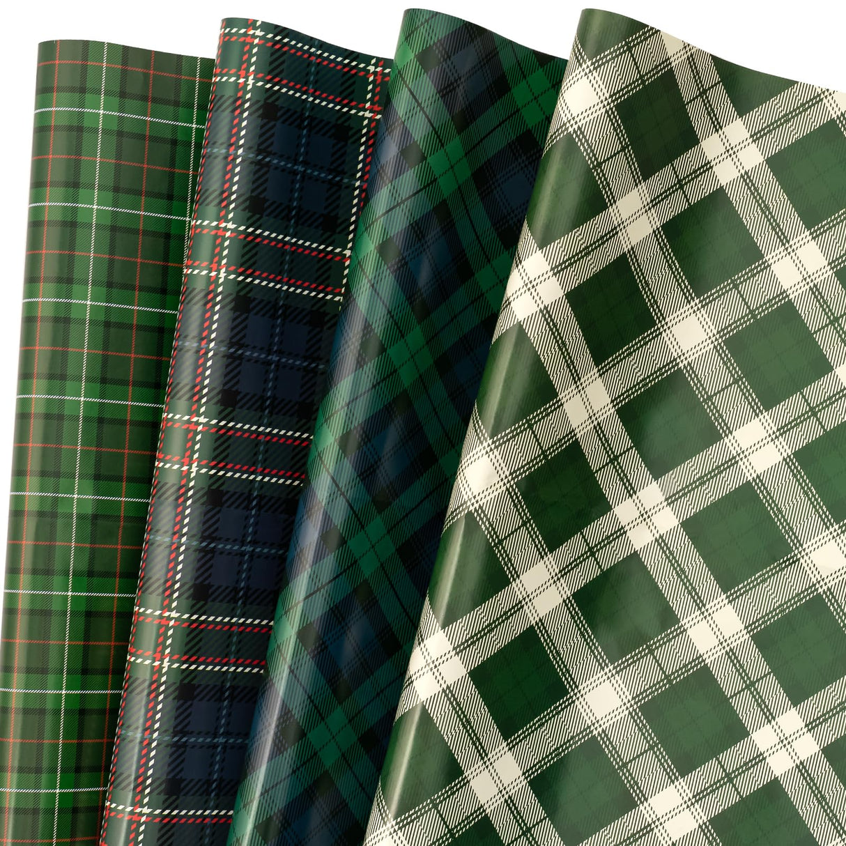 LeZakaa Christmas Green Wrapping Paper, 12 Folded Sheet with 4 Different Tartan Plaid Design for New Year Celebrations Holiday Gift Wrapping, 27.5 x 19.6 inches Per Sheet LeZakaa
