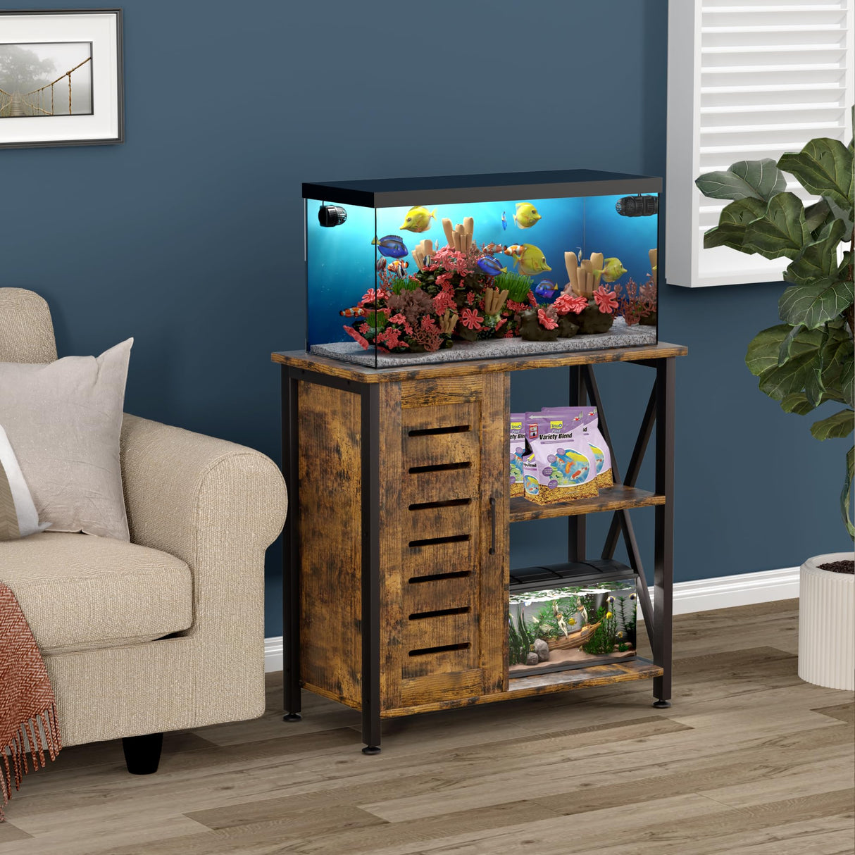 Herture 20-29 Gallon Fish Tank Stand, Aquarium Stand with Cabinet Accessories Storage, Heavy Duty Metal Frame, 31.49" L*15.74" W Tabletop, 330LBS Capacity, Rustic Brown PG07YGN Herture