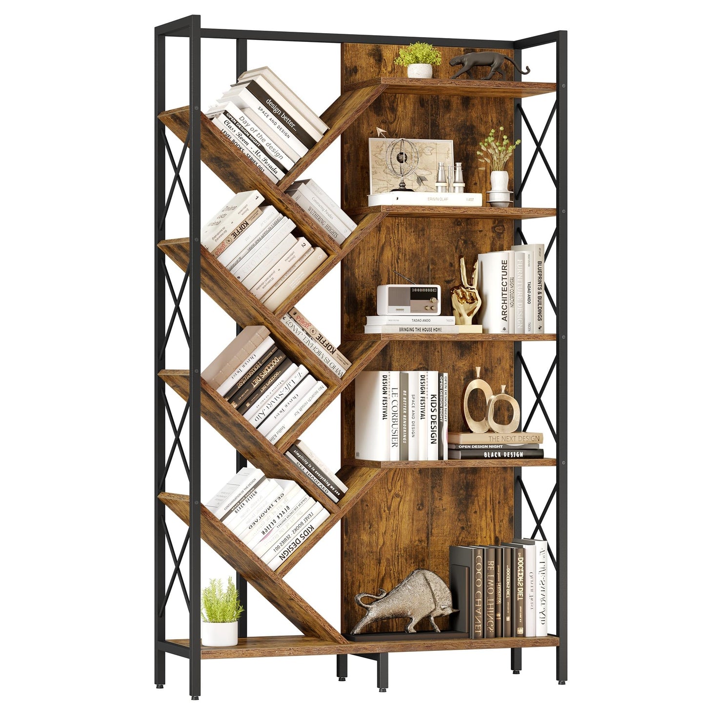 YITAHOME Rustic Brown 5-Tier Industrial Tree Bookshelf – Tall Standing Organizer for Bedroom, Living Room, and Office - WoodArtSupply