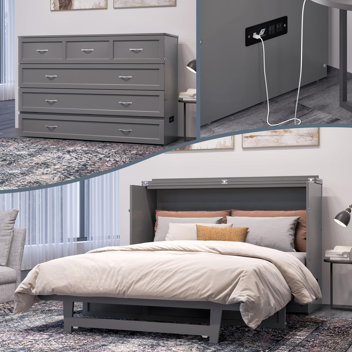 AFI, Northfield Murphy Bed Chest Queen with 6" Mattress, Storage Drawer & Built-in USB Charger, Grey AFI