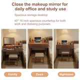 AQIMUELE Wood Vanity Desk with Mirror and Lights, Dressing Vanity Table Vanity Set 4 Drawers, 40 Inch Large Make Up Vanity Table Wooden with 3 Lighting Modes for Bedroom Walnut(with Adapter) AQIMUELE