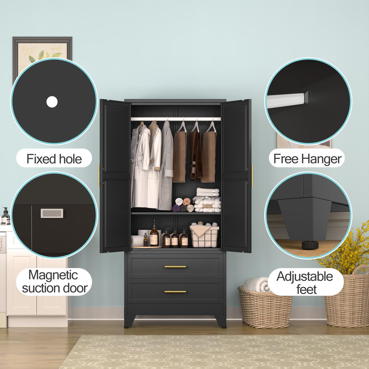 erosoei Metal Armoire Wardrobe Closet, 71 "Metal Clothing Storage Cabinet with Adjustable Shelves and Hanging Rod, Household Steel Wardrobe Storage Cabinet with Drawers (Armoire-Black) erosoei