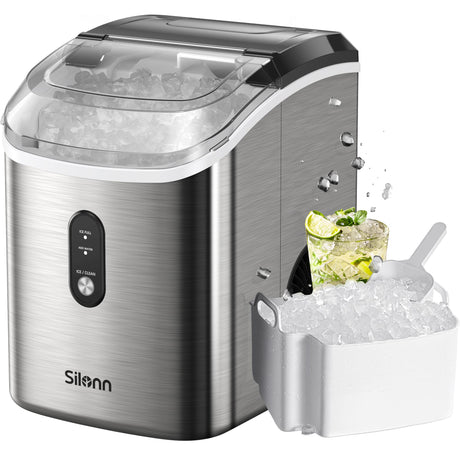 Nugget Ice Maker Countertop, Silonn Chewable Pellet Ice Machine with Self-Cleanin Function, 33lbs/24H Portable Ice Makers for Home Kitchen Officce, Stainless Steel Silonn