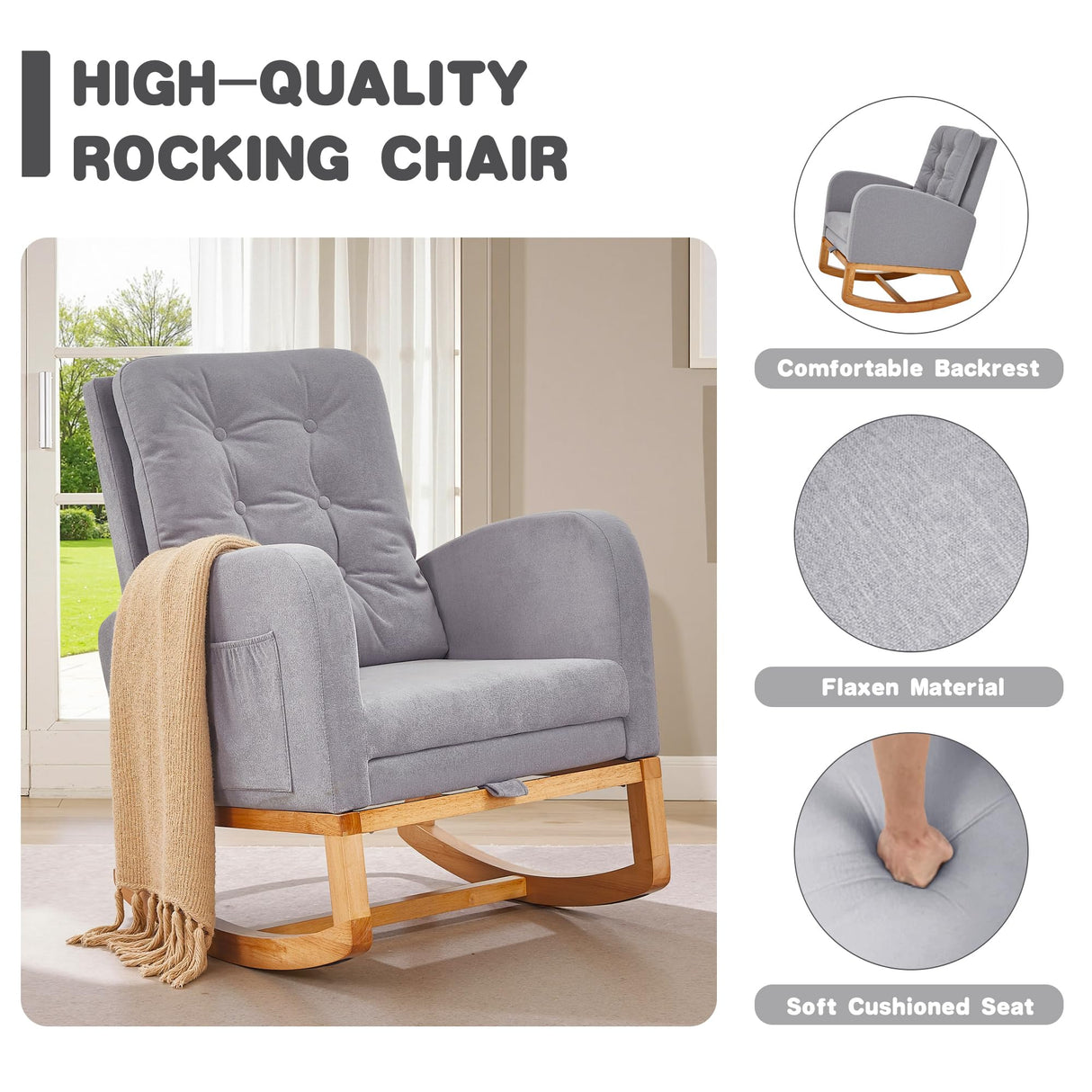 VECELO Rocking Chair Nursery, Modern Sherpa Glider Rocker Accent Arm Chair with High Back and Side Pocket, Cozy Rocking Armchair for LivingRoom, Bedroom, Gray VECELO