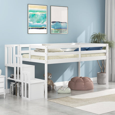 CITYLIGHT Twin Low Loft Bed with Staircase and Storage, White Wood Frame for Kids CITYLIGHT