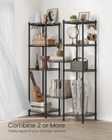 SONGMICS 5-Tier Bathroom Shelf, Storage Rack for Small Space, with 5 PP Shelf Liners, Removable Hook, Extendable Design, Ink Black and Translucent ULGR23BK SONGMICS