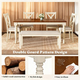 PLAUIN 6-Piece Farmhouse Dining Table Set - Solid Wood Table, 4 Chairs & Bench, Ergonomic, 71" Solid Wood Table, Table & Chair Sets for Dining Room, Kitchen, Living Room, Office PLAUIN