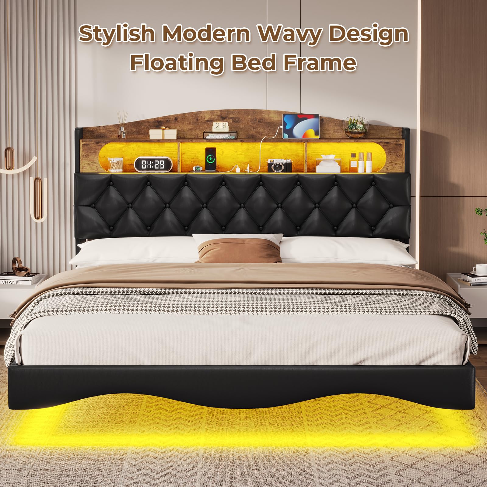 BTHFST Floating King Size Bed Frame with LED Lighting and Hidden Storage Headboard - WoodArtSupply