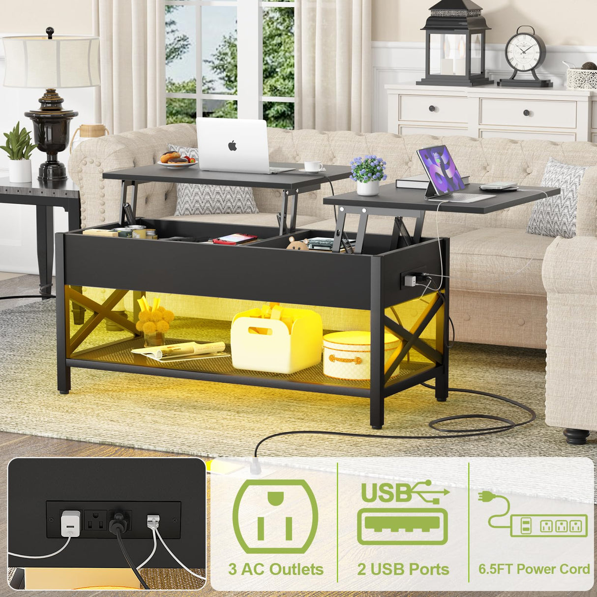 Aheaplus Black Lift-Top Coffee Table with LED Light, Power Outlets and Storage Shelf, 41.7"W x 19.69"L x 19.7"H Aheaplus
