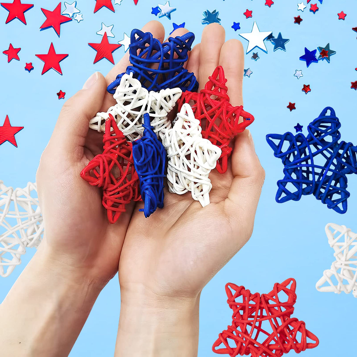 18pcs 4th of July Star Rattan Decoration, Red Blue White Stars for 4th of July Independence Day Home Decor DIY Craft Vase Bowl Filler Table Decoration GuassLee