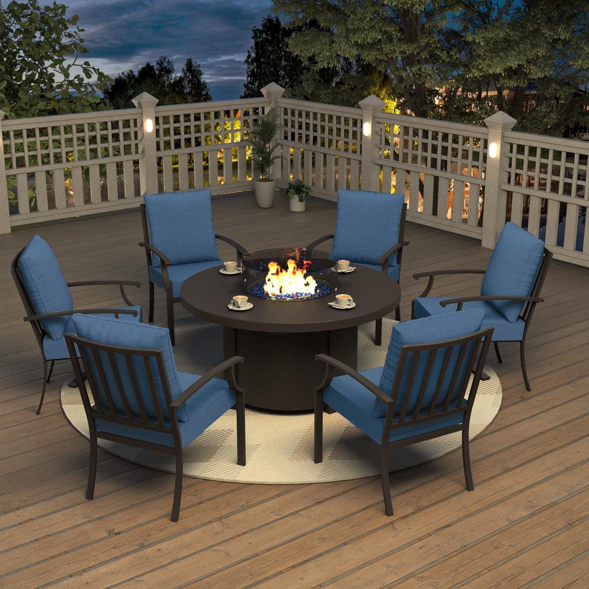 Kurapika 7 Piece Metal Outdoor Patio Furniture Set with 48" Round Fire Pit Table, Patio Conversation Sets 6 Fixed Chairs with Thick Cushion and 40000 BTU Propane Fire Pit Table, Navy Blue Kurapika