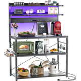 Aheaplus Bakers Rack with Power Outlet, Microwave Stand, 5 Tiers Coffee Bar Station with Led Lights, Kitchen Storage Shelf with 6 S-Shaped Hooks, Kitchen Rack Coffee Bar Stand, Black Aheaplus