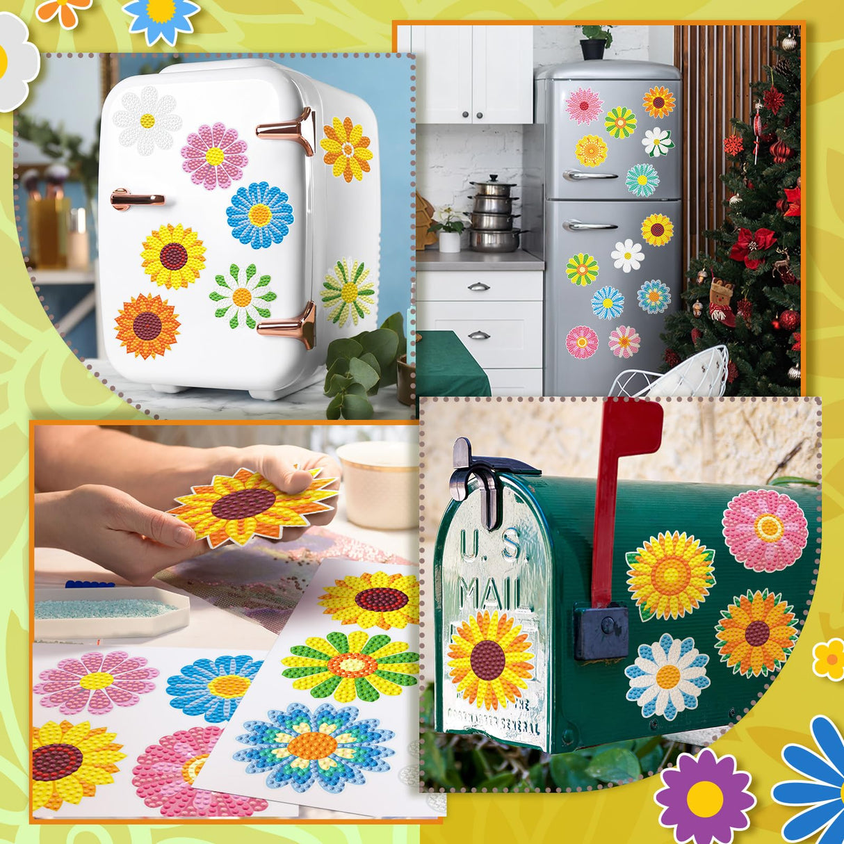 Saillong 36 Pcs Daisy Diamond Painting Sticker 5d DIY Diamond Sticker Sunflower Painting Creative Decals Resin Flower Rhinestone Gem Art Kits for Refrigerator Home Crafts Adults Summer Gift Decor Saillong