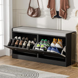 MHOM Black Modern Entryway Bench with 2 Flip Drawers, Shoe Rack with Padded Seat Cushion, Wooden Storage Bench for Bedroom and Apartment MHOM