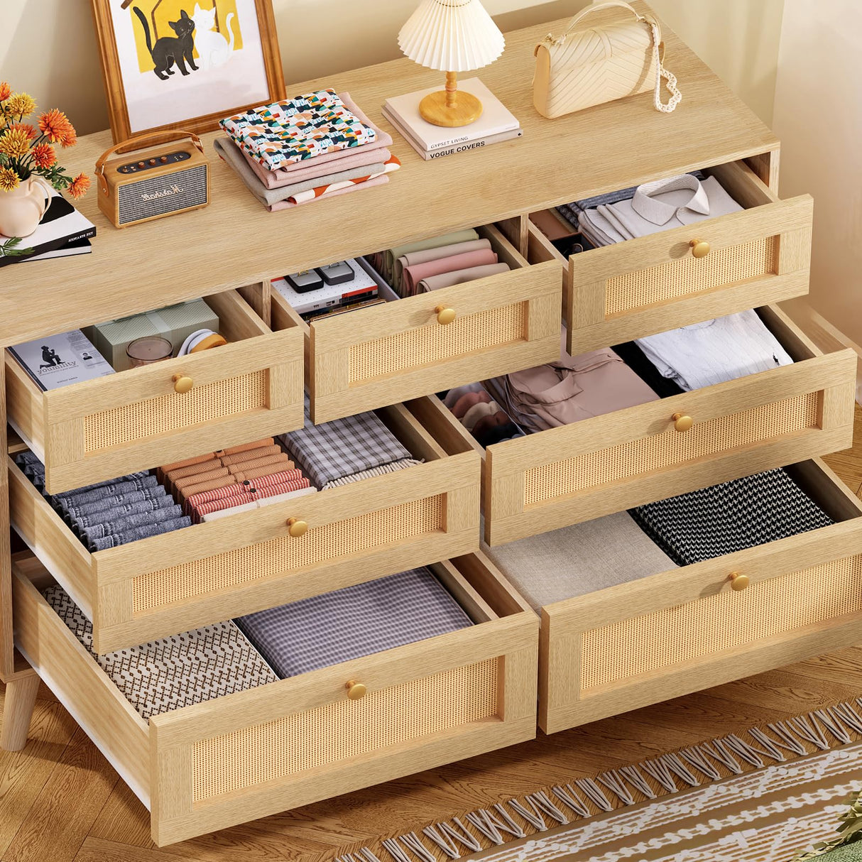 TEENFON 47.2''Wide 7 Drawer Rattan Dresser, Boho Dresser for Bedroom, Chest of Drawers, Closet Organizer, Natural Wood Dressers Chest for Bedroom, Living Room, Entryway, Natural TEENFON