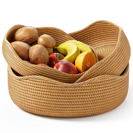 LAVNTM Rattan Bread Basket, 3 Pack Hand Woven Round Fruit Baskets for Serving, Picnic Basket, Wicker Storage for the Living Room Kitchen (Honey Brown) LAVNTM