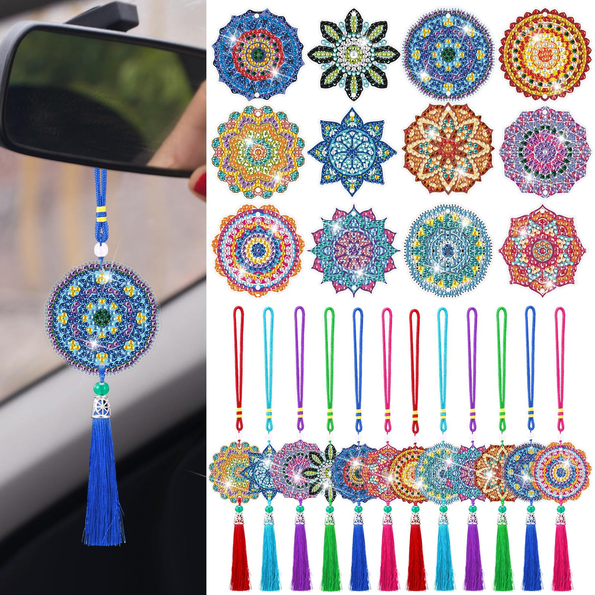 JenPen 12 Pcs Diamond Painting Car Ornaments Diamond Art Ornament for Car Double Sided Painting Hanging Ornament Crystal Gem Garden Decoration Paint DIY Kit(Mandala) JenPen