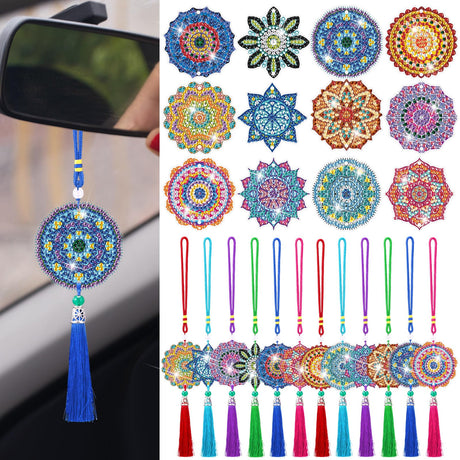 JenPen 12 Pcs Diamond Painting Car Ornaments Diamond Art Ornament for Car Double Sided Painting Hanging Ornament Crystal Gem Garden Decoration Paint DIY Kit(Mandala) JenPen