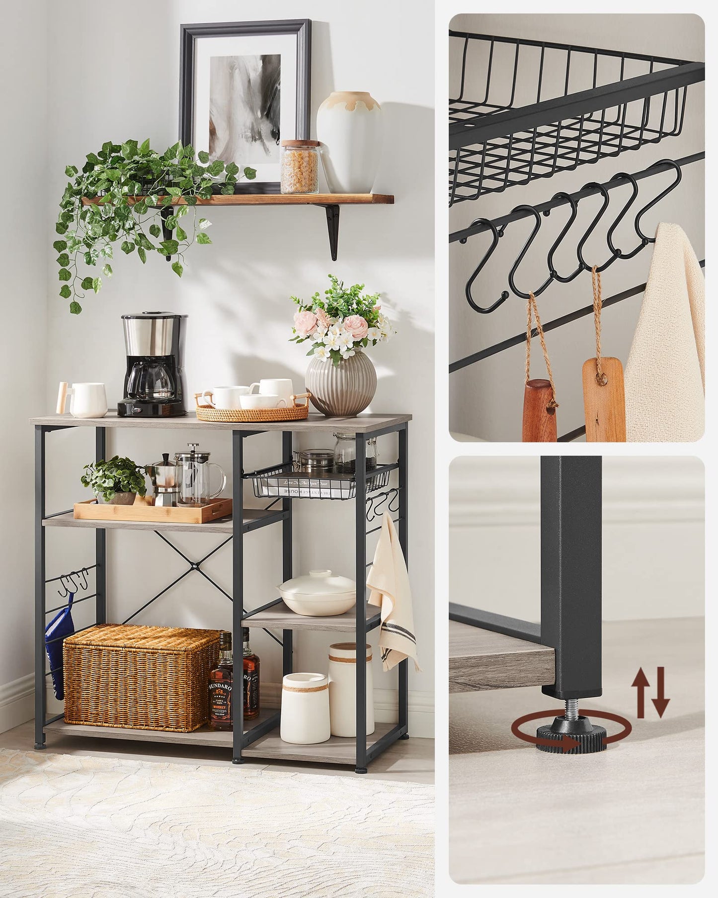 VASAGLE ALINRU Industrial Kitchen Baker's Rack with Wire Basket and Hooks in Greige and Black - WoodArtSupply