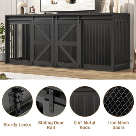 87In Farmhouse Dog Crate TV Stand, Wooden Dog Kennel Furniture with Sliding Metal Mesh Barn Door, Large Dog Crate Furniture for 2 Dogs, Solid Metal Tube & 2 Lockable Doors, Black jiteentarou