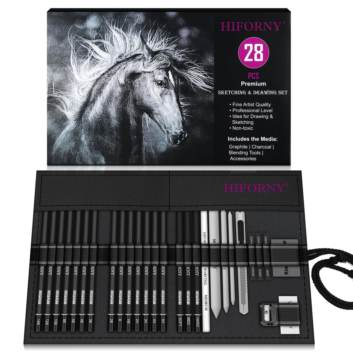 HIFORNY 28 PCS Sketching Drawing Pencil Set,Sketch Pencils Art Supplies with Graphite,Charcoal,Blending Tools,Accessories,Drawing Kit for Adults Artists in Canvas Roll Up Case HIFORNY