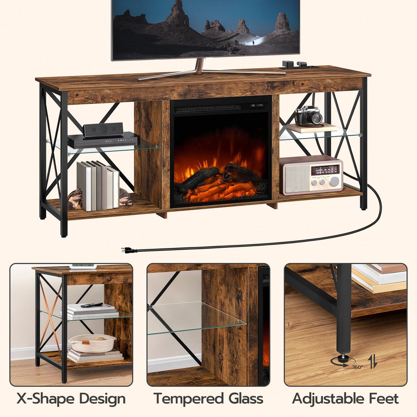 HOOBRO Fireplace TV Stand with Led Lights and Power Outlets, Wooden Media Entertainment Center Console Table with Glass Shelves, Fireplace TV Console for TVs up to 65", Rustic Brown BF140UDDS - WoodArtSupply