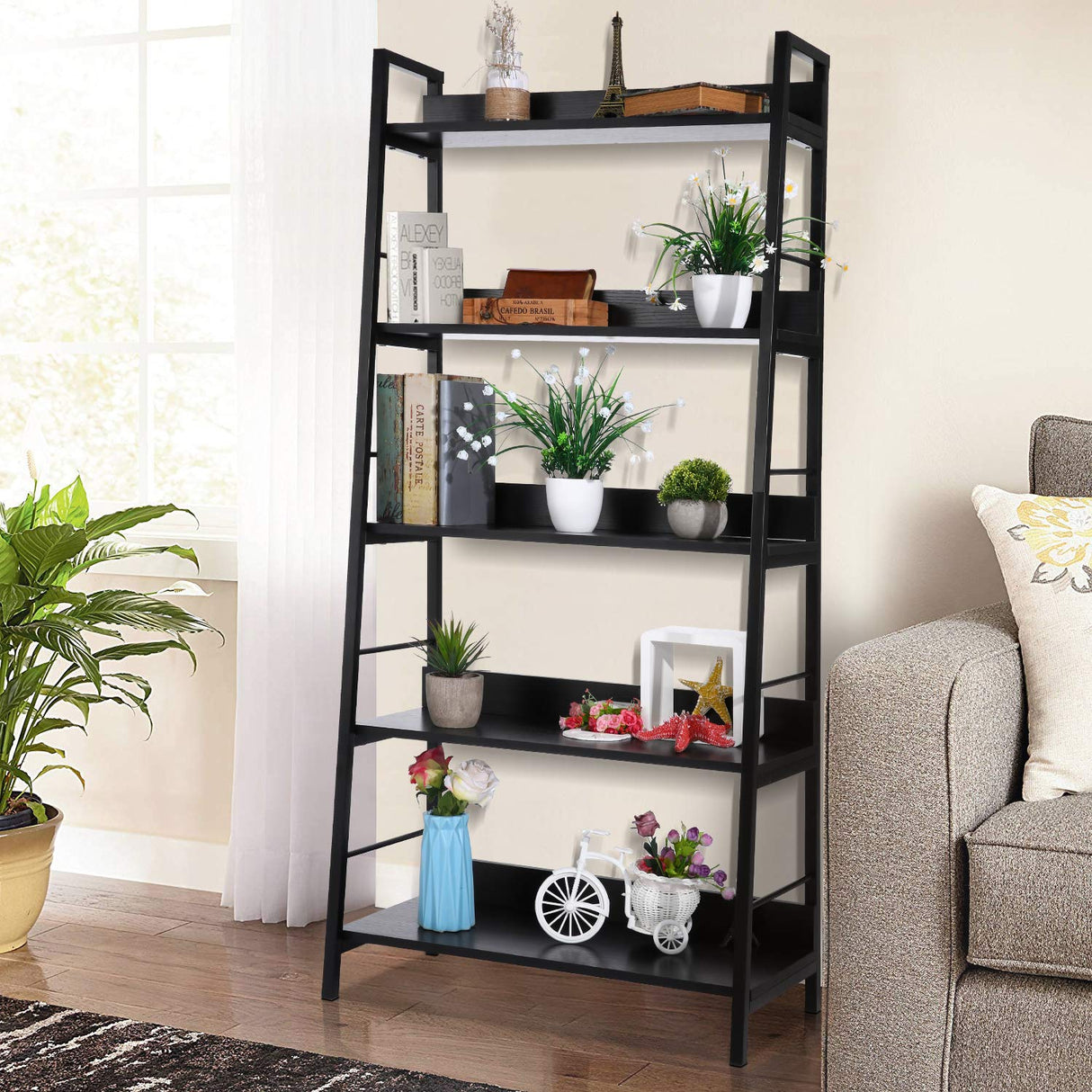 Homdox 5 Tier Ladder Shelf, Industrial Bookshelf Wood and Metal Bookcase, Plant Flower Stand Rack Book Rack Storage Shelves for Home Decor Homdox