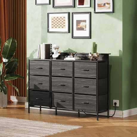 WLIVE Led Dresser for Bedroom, Wide Black Dresser TV Stand for Bedroom with LED Lights and Power Outlet, Chest of Drawers for Clothing, 9 Fabric Drawers and Wood Top for Living Room, Entryway WLIVE
