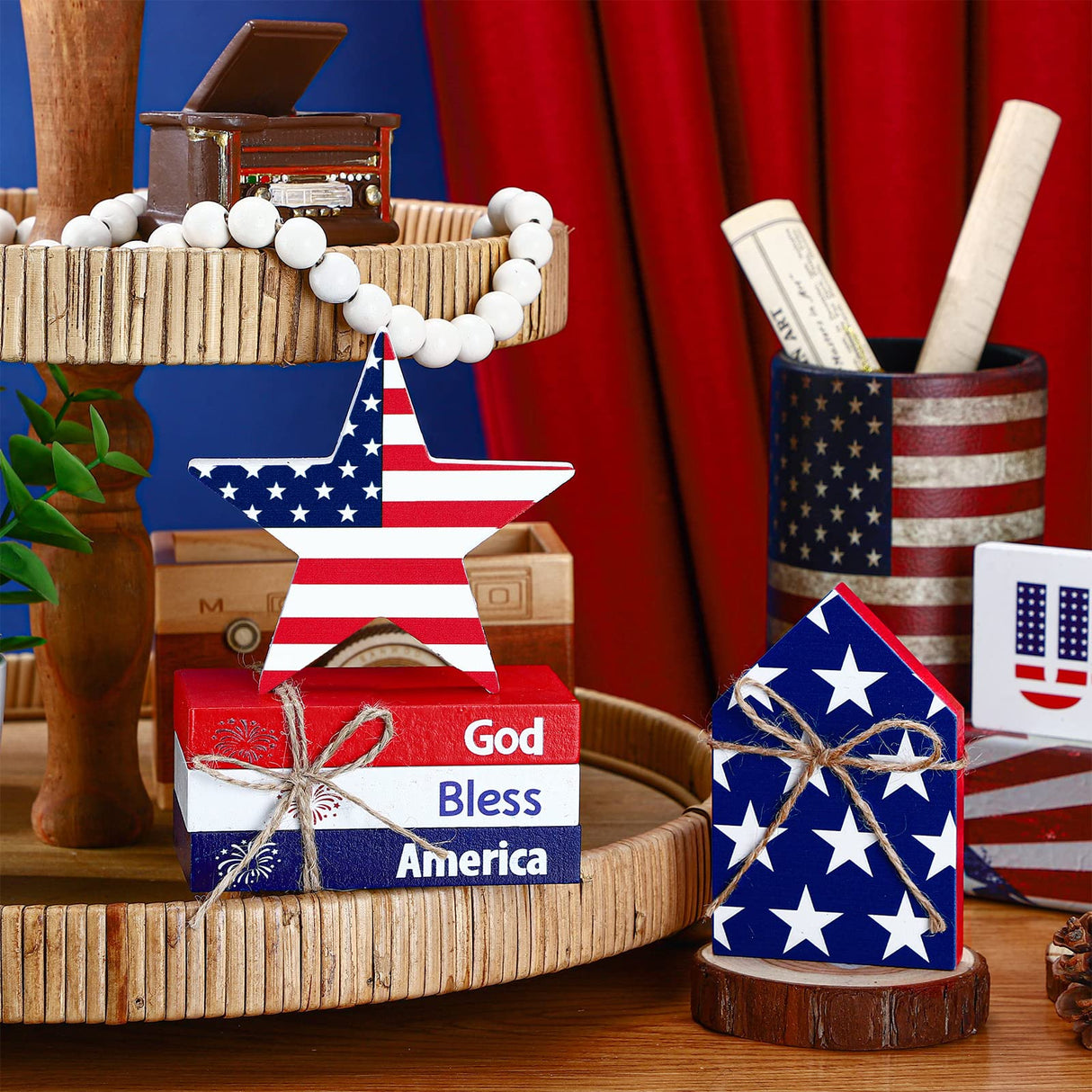 Blulu 5 Pcs Patriotic Table Decor Memorial Day Decorations 4th of July Tiered Tray Decor Wooden Star Sign God Bless America Faux Book Bundle for Independence Labor Day Home Tabletop Bookshelf Blulu