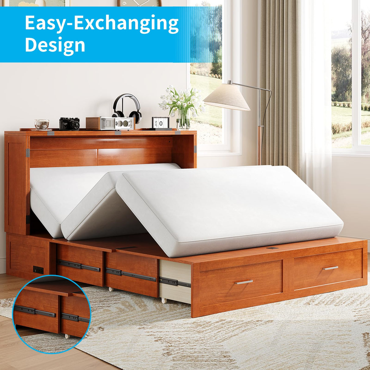 ADOWORE Queen Murphy Bed, Murphy Cabinet Bed with Built-in USB Charging Station & Large Storage Drawers, Horizontal Murphy Bed Wood Murphy Chest Bed for Bedroom, Maroon ADOWORE