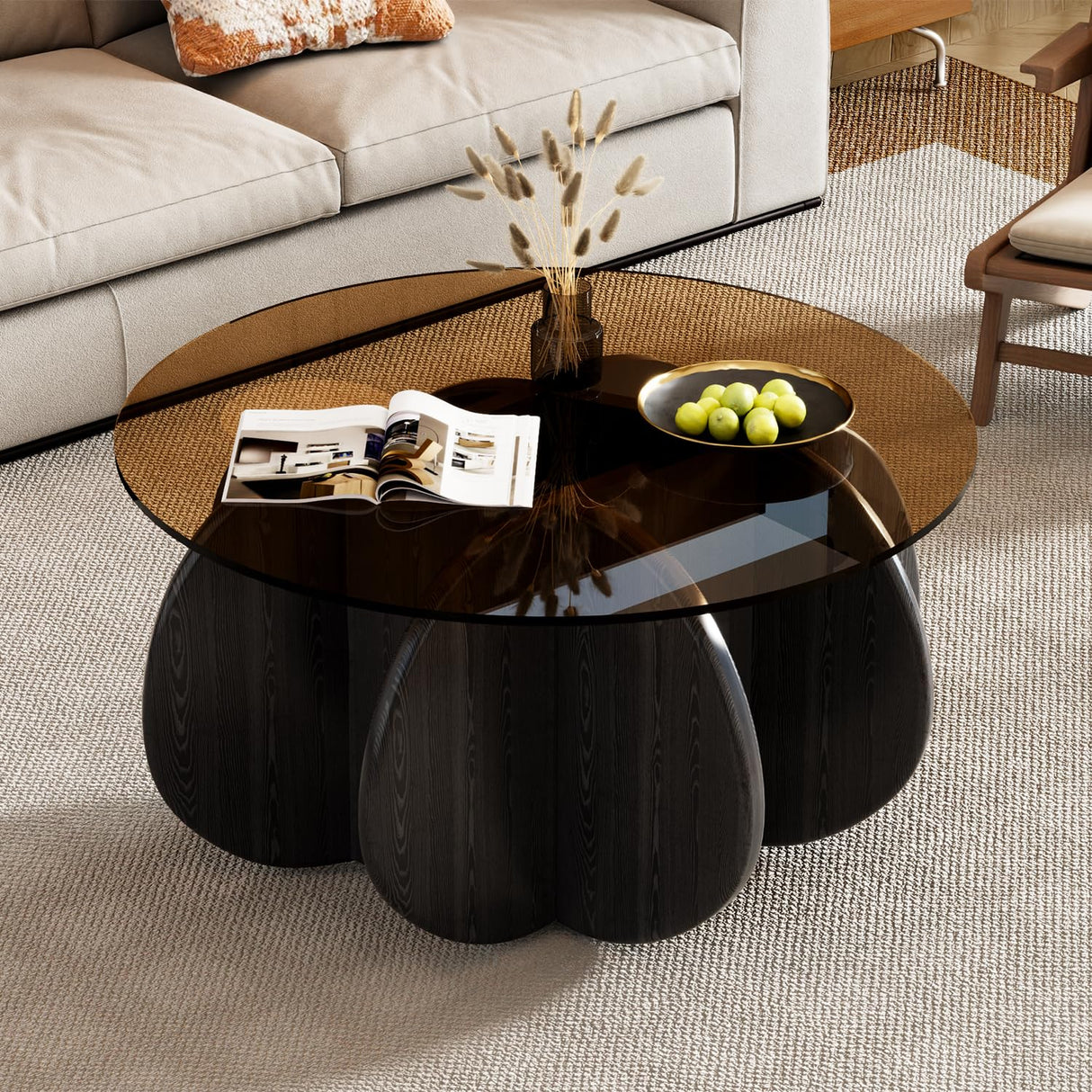 Round Coffee Table, Mid Century Modern Design, 31.5'' Modern Round Tempered Glass Coffee Tables for Living Room, Cocktail Table for Small Space Home Office. (Black + Brown) Yaruifnt