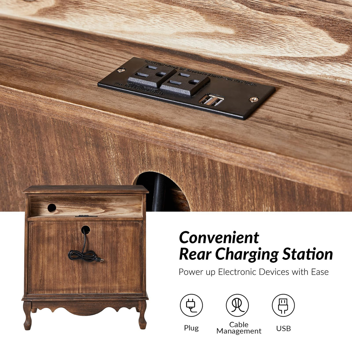 HULALA HOME 3-Drawer Nightstand with Charging Station, Drawer Organizer with Wood Legs, Farmhouse Solid Wood Nightstand Set of 2(Walnut) HULALA HOME