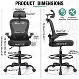 AtHope Drafting Chair, Tall Office Chair with 3D Lumbar & Head Support, Ergonomic Mesh Standing Desk Chair with Footring, Comfy Extended High Desk Chair with Flip-Up Arms & Hanger (Black) AtHope