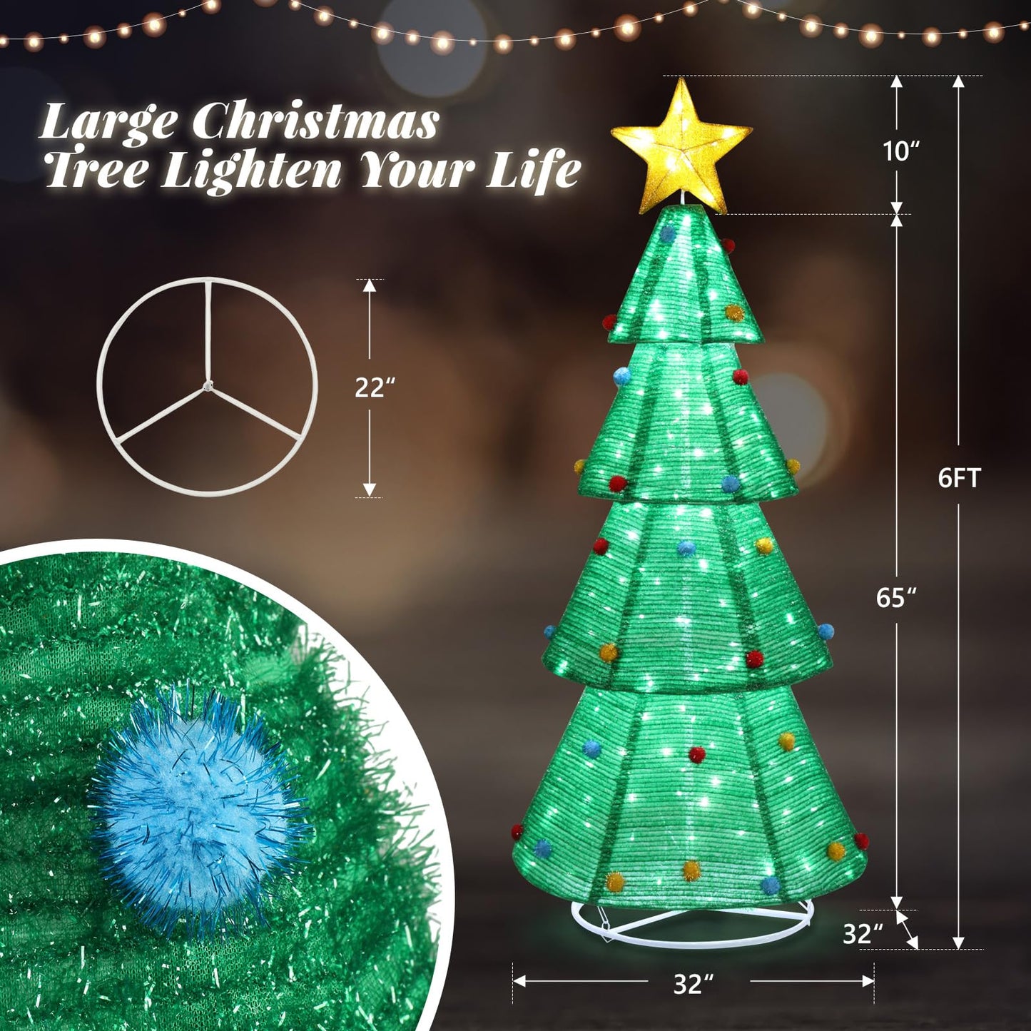 Outvita 6ft Christmas Tree Decorations, Lighted Christmas Tree Foldable Outdoor Holiday Decorations with 200 LED Lights and Metal Stakes for Yard Garden Lawn