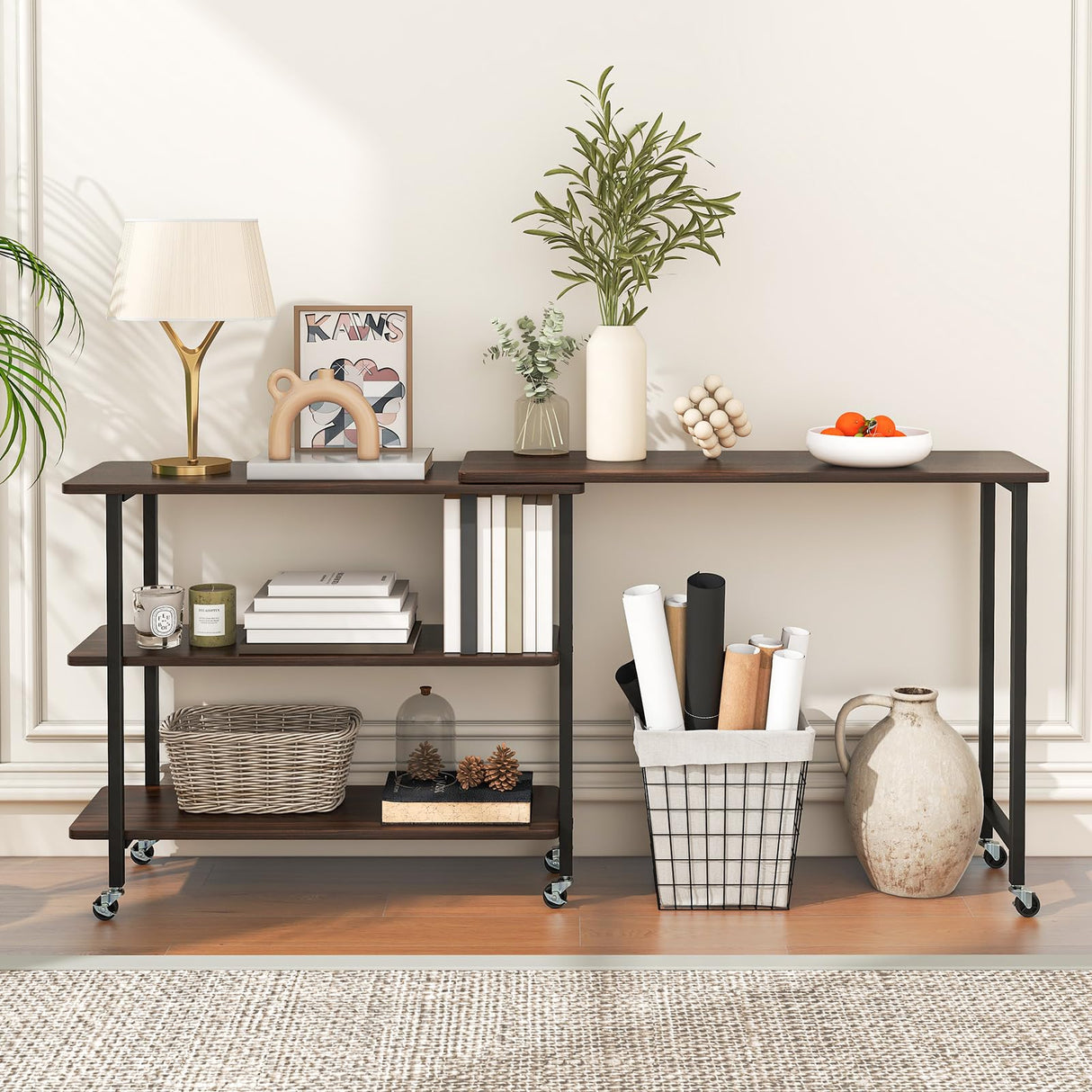 Giantex 360° Free Rotating Sofa Side Table, Mobile L-Shaped Laptop Desk with Sturdy Metal Frame, 6 Universal Casters, Movable Couch Snack Table with 2-Tier Storage Shelf for Home (Walnut) Giantex