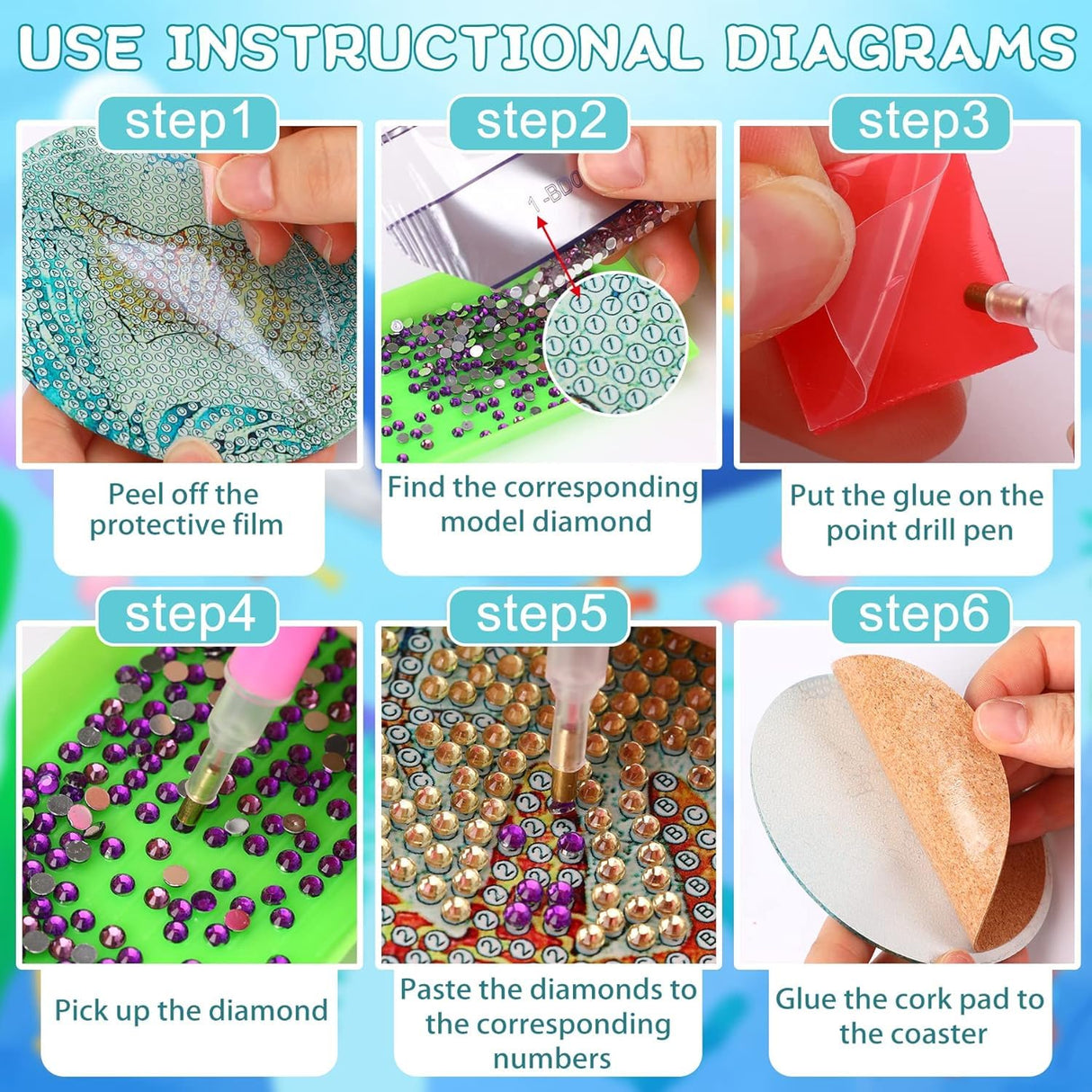 Ekuxom 8 pcs Beach Diamond Art Coasters Kits with Holder, DIY Ocean Diamond Painting Coasters, Non Slip Coaster Crafts Kits for Adults Beginners Gifts Ekuxom